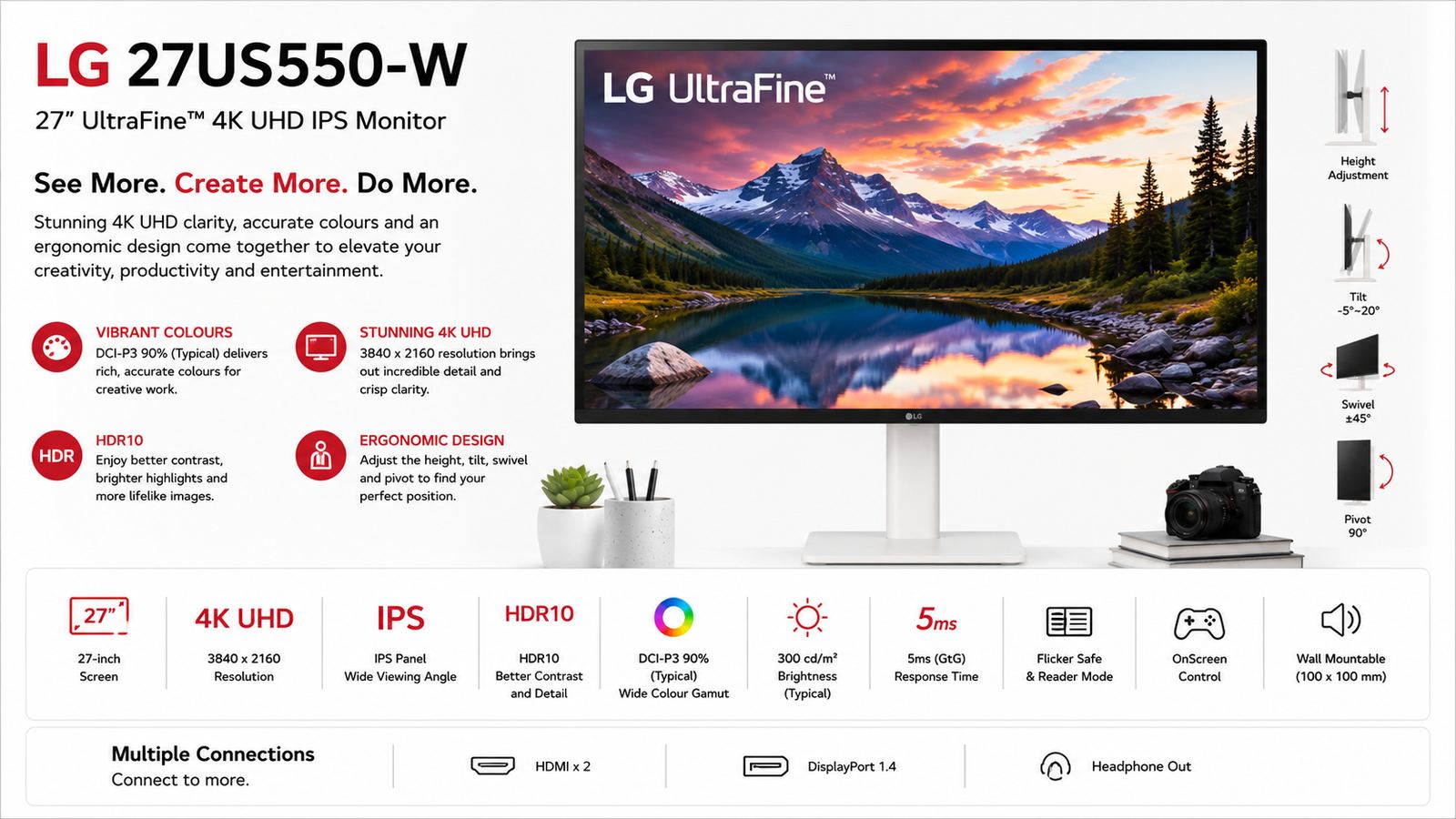 LG 27US550-W, LG UltraFine Monitor, 27-Inch UHD 4K IPS Display, 3840x2160 Resolution, 60Hz Refresh Rate, 5ms Response Time, HDR10, DCI-P3 90%, HDMI, DisplayPort 1.4, Height/Swivel/Pivot Stand | 27US550-W